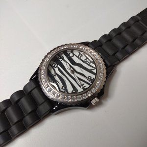 Zebra Striped Geneva Watch With Rubber Black Band